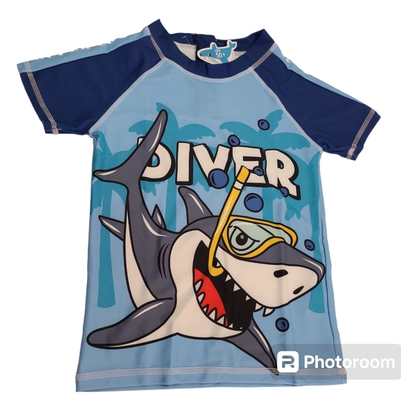 Kids Two Piece Cartoon Shark Print Short Sleeve Swimsuits UV Rash Guard Size 14 - Picture 2 of 12
